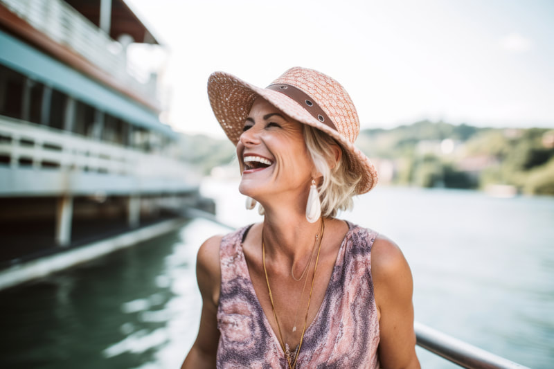 Woman smiling on a boat. 